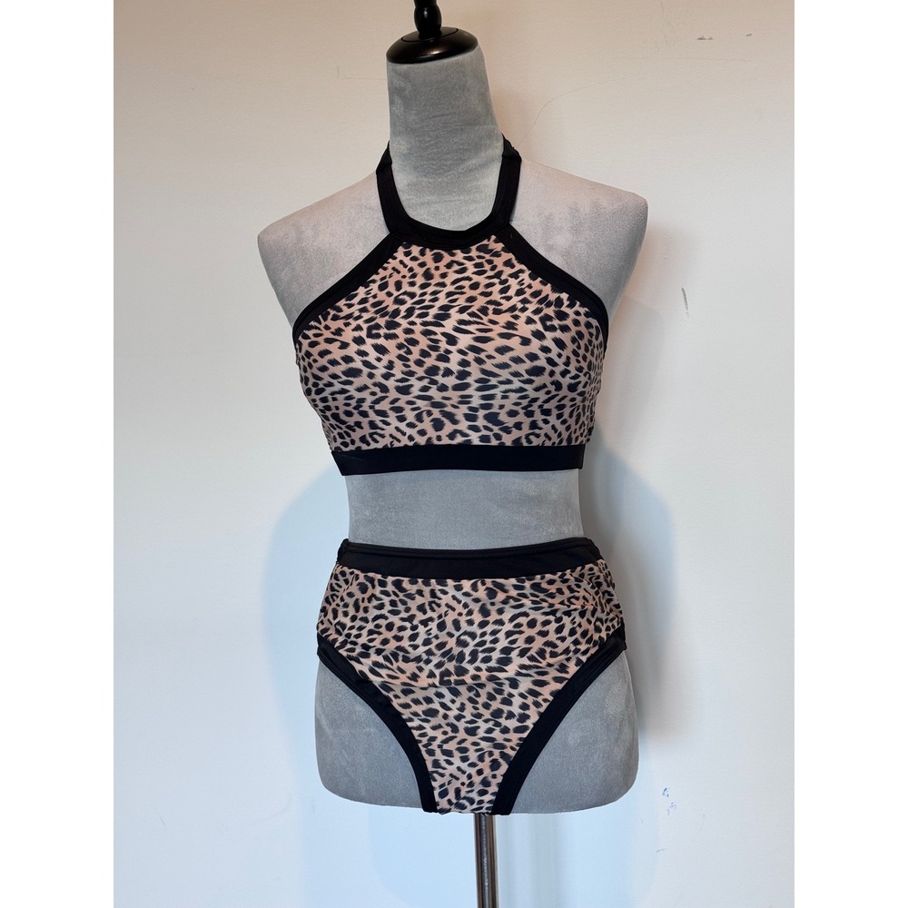 Pink Lily Leopard Print Halter High Neck Bikini Set Top L Bottom XL Tan Black